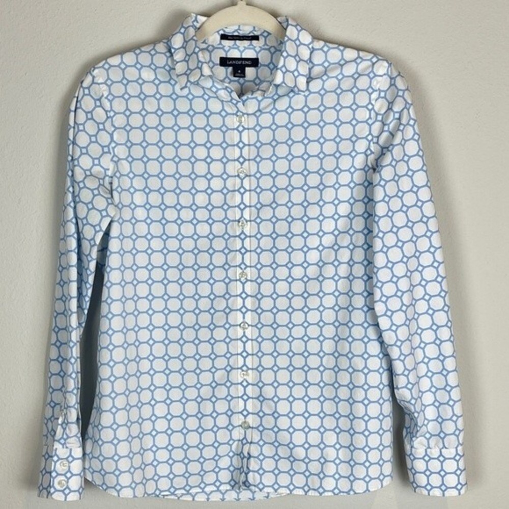 Lands’ End No-iron Supima Cotton Blue White Oxford Shirt 4